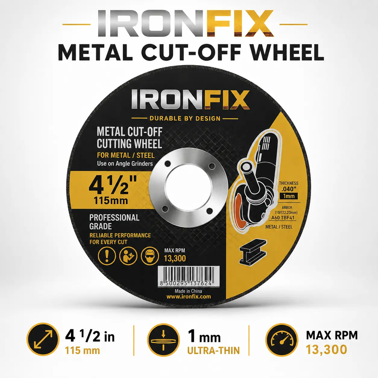 IRONFIX 4.5 Inch Metal Cut Off Wheels for Angle Grinder, 115 x 1 x 22.23 mm Ultra Thin Abrasive Cutting Discs, 13,300 RPM T41 Cutting Wheels for Steel, Iron and Sheet Metal, Multiple Pack Sizes