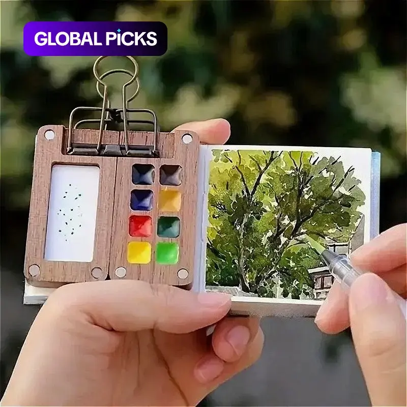 Mini Travel Watercolor Palette Set, 5 Counts/set Wooden Paint Box with Sketchbook, Watercolor Paints, Color Pigments, Refillable Water Brush & Clip, Portable Art Supplies for Indoor & Outdoor, Travel Painting #GLOBAL PICKS