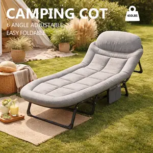 Camping Cot for Adults, 6 Angle Adjustable Folding Camping Bed with Mattress, Foldable Camping Bed for Camp, Office, Outdoor, Lightweight Camping Cot with Carry Bag Supports 450 lbs