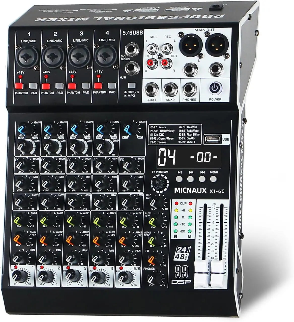 6-Channel Professional Wired Audio Mixer Console - Bluetooth Amplifier, USB Port Audio Equipment with 99 DSP Effects, 48V Power Supply, PAD Button, Digital Sound Processor for Karaoke, Recording (Bluetooth Amplifier Simplifies Live Mixing, Drum Use)