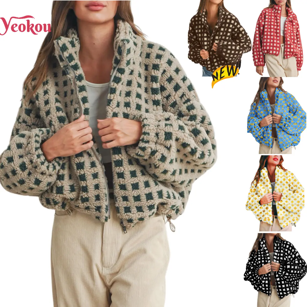 Yeokou Women's Plaid Sherpa Fleece Coat, Cropped Long Sleeve Teddy Outerwear for Thanksgiving, School, Layering Outfits, Coats, Cute, Oversize, Checkered, Cropped Plaid Sherpa Fleece Coat, Us Size
