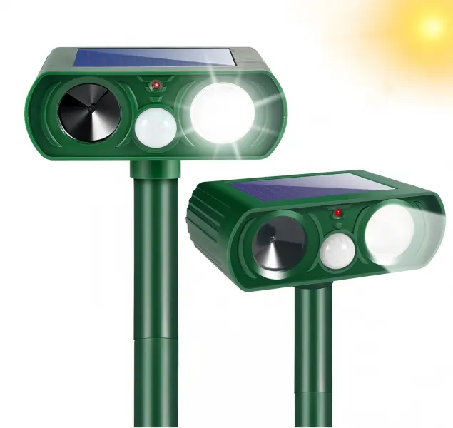 2-Pack Compact Solar Ultrasonic Eco Friendly Repellent - Waterproof Outdoor Rat Repellent Electronic with Solar Charging, Smart Induction Motion Sensor, Flash Light, Easy Setup for Yard, Garden