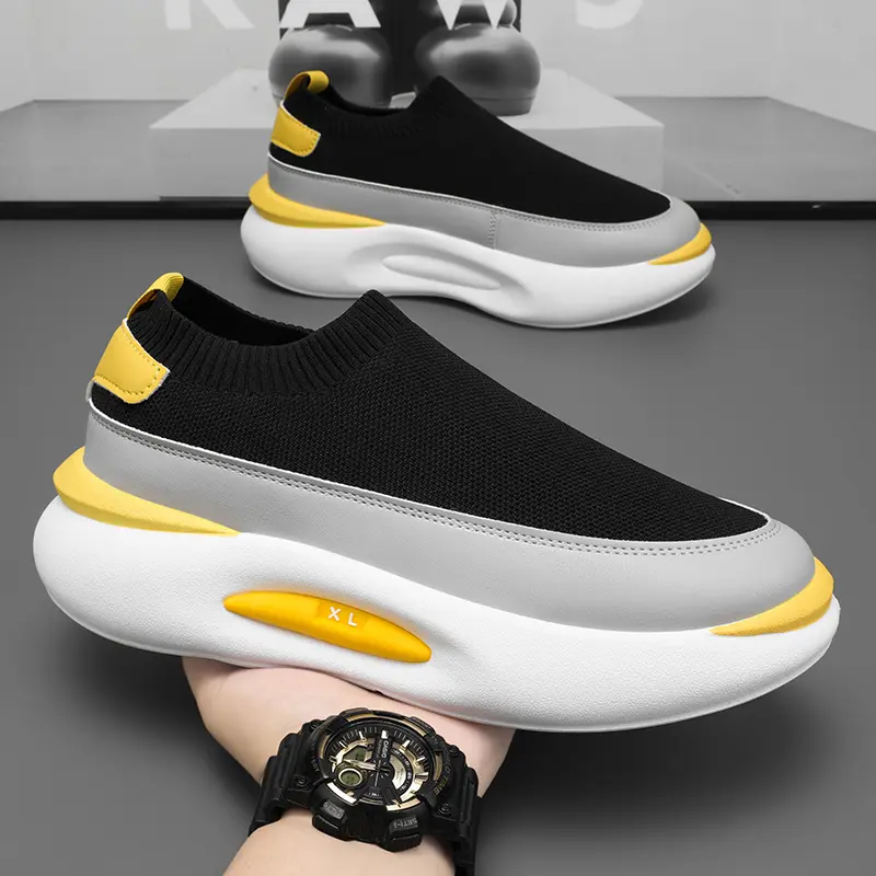 Men's Thick-Sole Flyknit Lifestyle Walking Shoes - Breathable Footwear, Lightweight Slip-On Sports Leisure Athletic Shoes for Gym & Travel, Black and Yellow, Lifestyle Walking Shoe