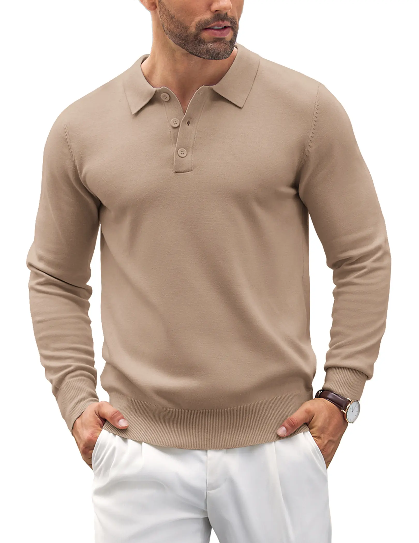 COOFANDY Men's Long Sleeve Knit Polo - Casual Button Down Golf Shirts for Men Formal Quarter