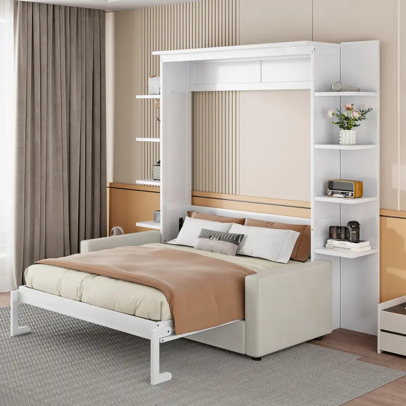 Queen Size MDF LVL Murphy Wall Bed Combo Set - Multi-Functional Space-Saver Sofa with Cushion & Storage, 86.9"l x 90.4"w x 87.6"h Indoor Furniture, 600lbs Capacity, Home Gym Compatible, Assembly Required, Max 10" Mattress Fit, Murphy Bed, Hideaway Storage