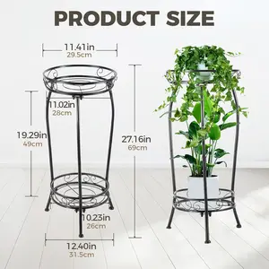 Plant Stand Indoor Outdoor Tall Black Metal Rustproof Stable 2 Tier 27.1 inch Multiple Plant Rack Holder Flower Pot Stand Heavy Duty Iron 3-leg Structure