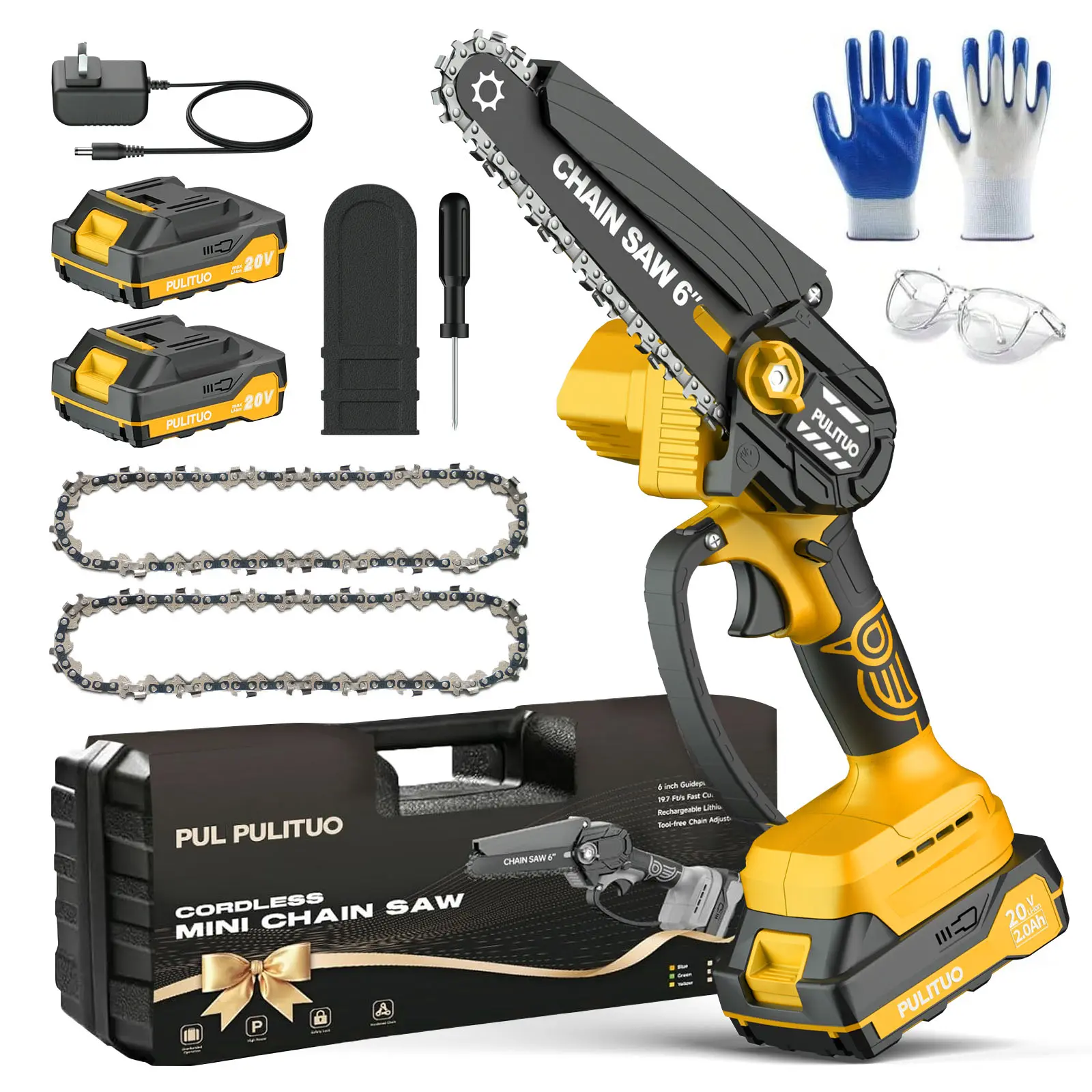PULITUO 6-Inch Cordless Electric Chainsaw, Lightweight Battery-Powered Handheld Tool Kit Set, for Tree Branch Pruning, Wood Cutting, Handheld Logging Saw