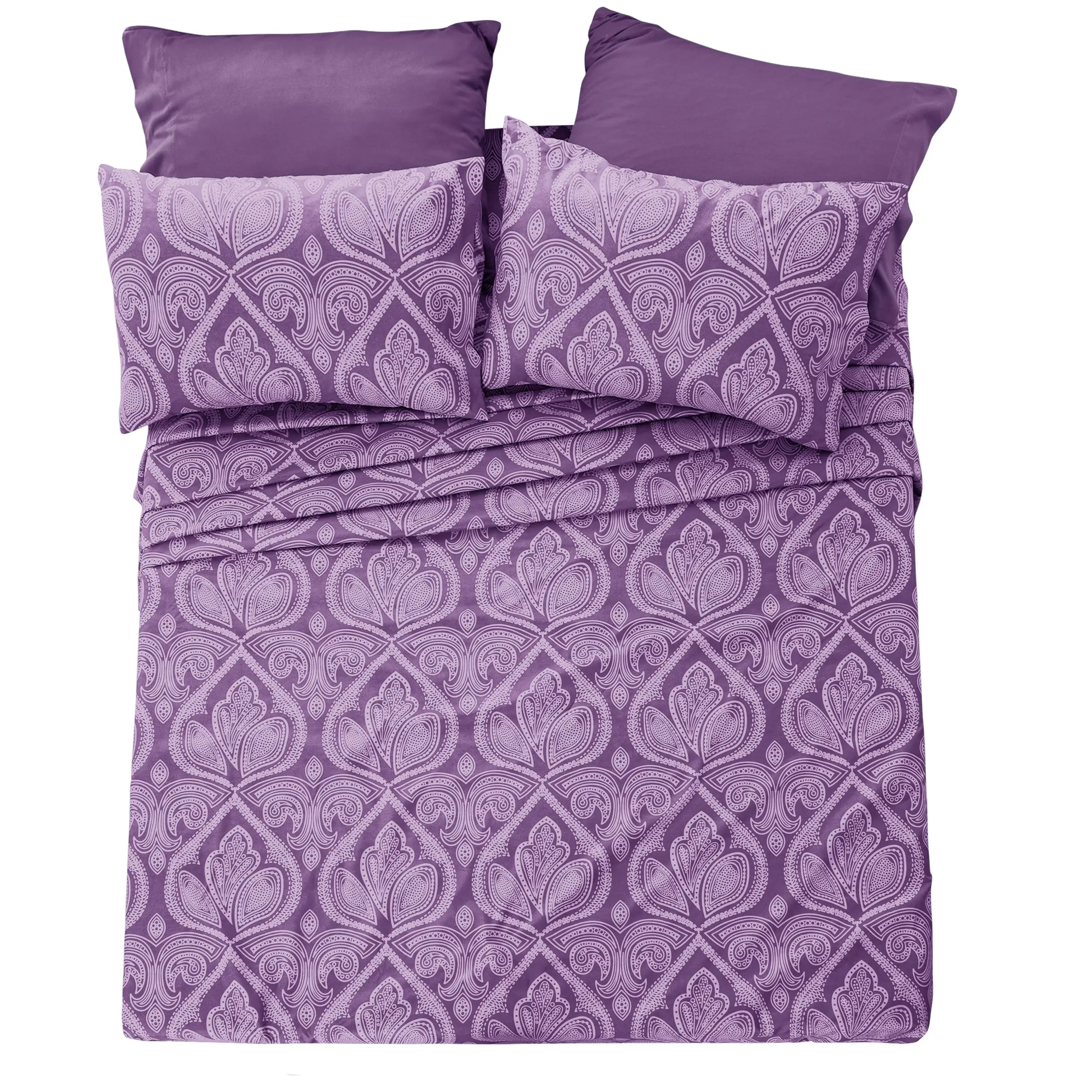 Lux Decor 6 Pc Bed Sheets Set- Paisley & Solid Hotel Luxury Sheets Bedding Set Bedding Set - Upto 16" Deep Pocket Cozy Comfy Breathable & Cooling Sheets Queen Sheets - King Bed Sheet & Pillowcase Warm - Soft Bedsheet Sets
