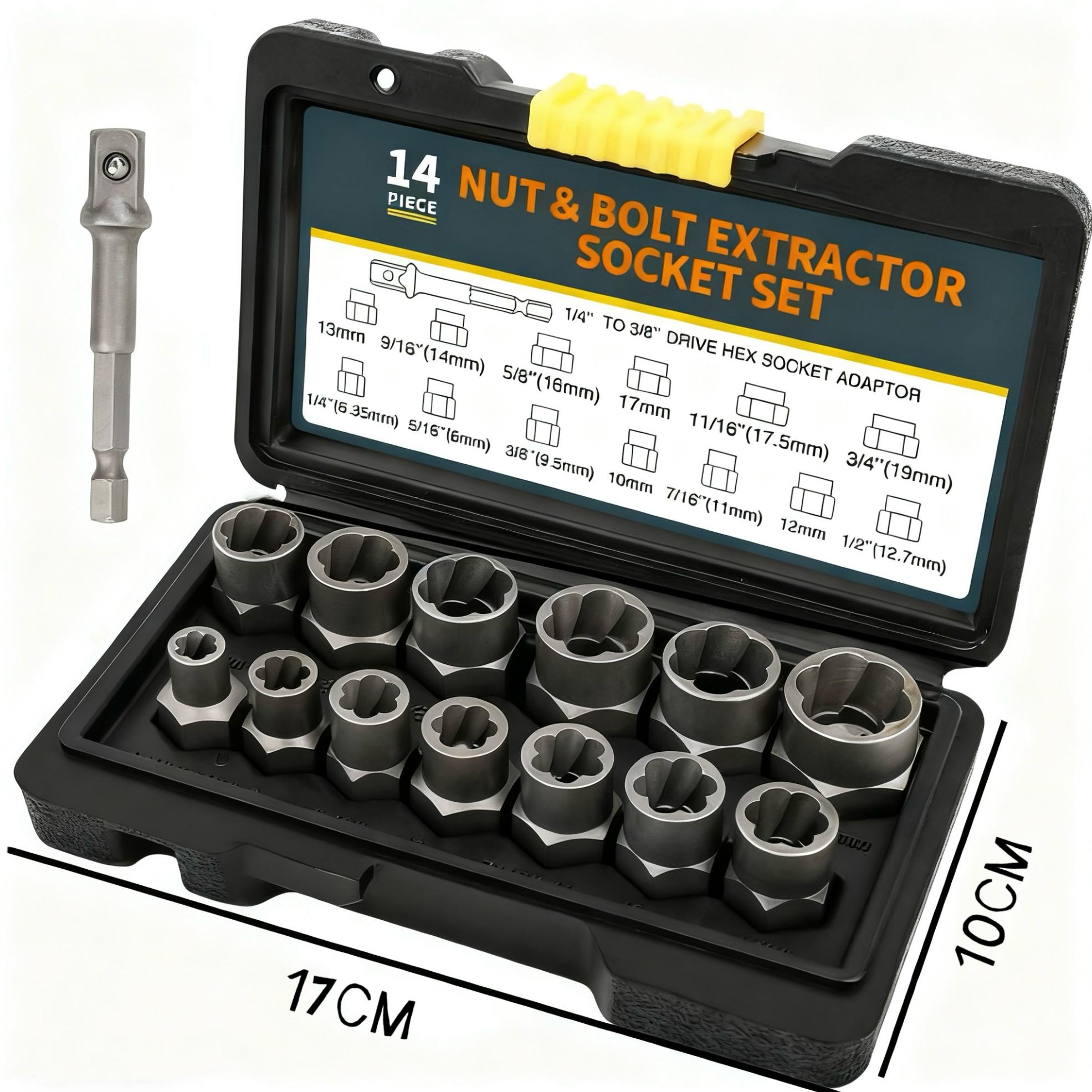 【FathersDayGift】 Bolt Extractor Tool Set, 13+1 Counts Impact & Nut Remover Stripped Lug Remover, Drive Rounded Bolt Remover for Removing Damaged, Frozen Universal Impact impact bolt