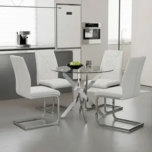 Modern Dining Chairs Set of 4, High Back PU Leather Kitchen Chairs with Silver Metal Legs, Thickened Seat & Backrest, Ergonomic Design, Comfortable & Easy Assembly, for Dining Room/Kitchen/Living Room, White