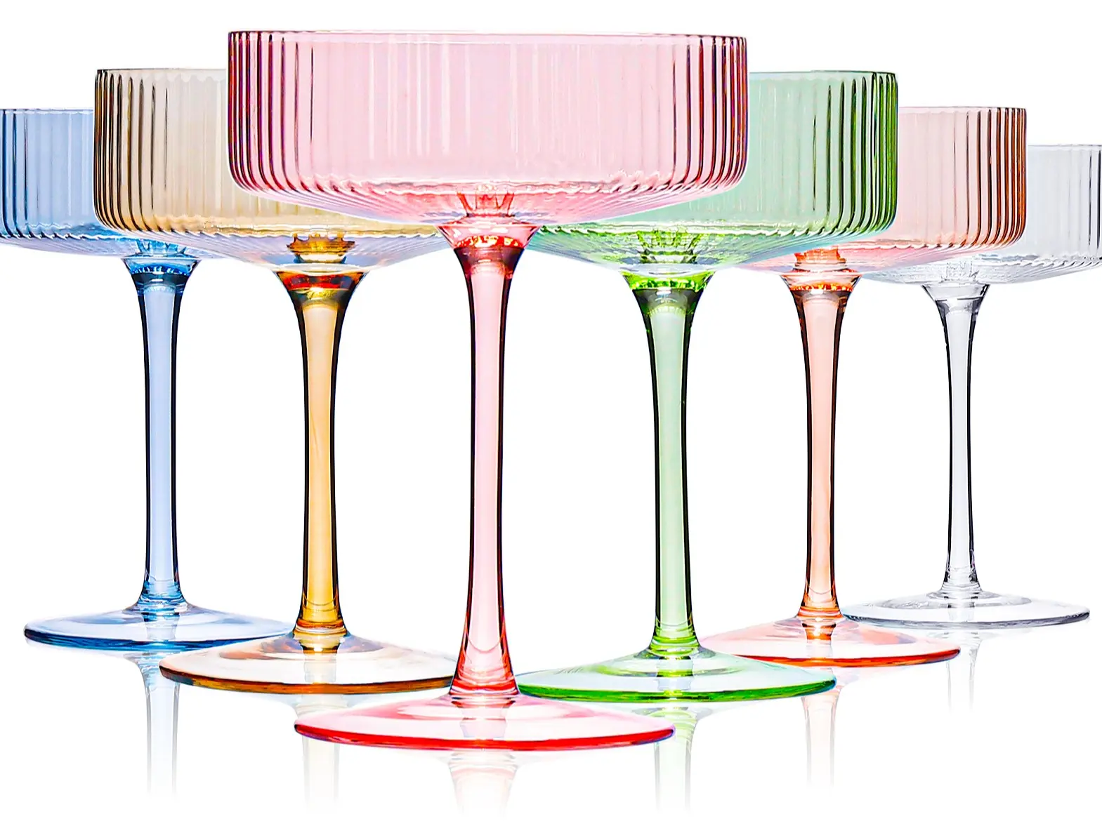 Stylish Glass Cups Set - 6-Piece 9 oz Colored Coupe Glass Drinking Glassware, Kitchenware Cocktail Cups for Drinks and Cocktails