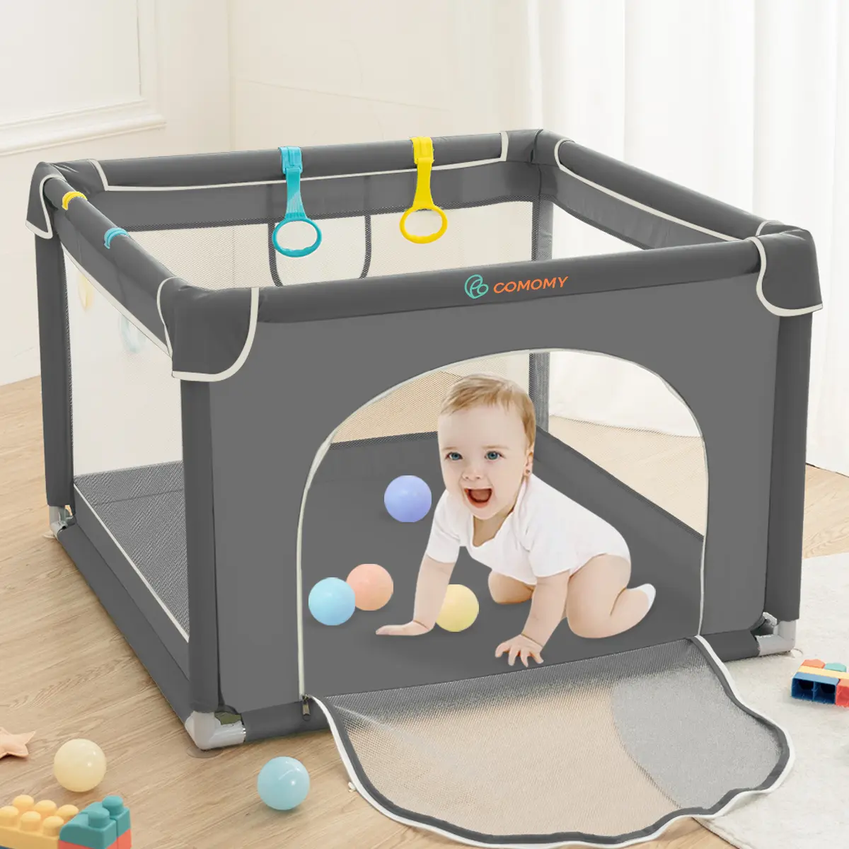 bioby Baby Playpen for Babies - Square Nursery Center Playard, 36x36x26 inches Breathable Mesh Fabric, Sturdy Fence, Portable Versatile Design, Indoor/Outdoor Activity Area for 12-18 Months, Mother's Day/Christmas Gift