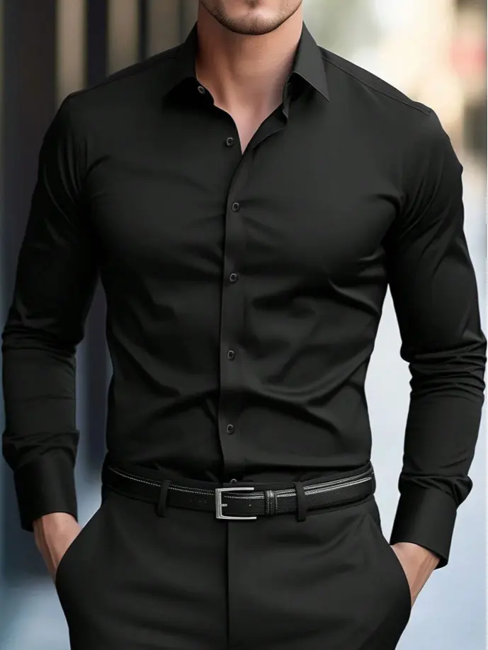 Men’s slim-fit long-sleeve solid-color classic dress shirt, suitable for work and formal occasions, summerwins, Father’s Day gift, back-to-school season, back-to-school shopping