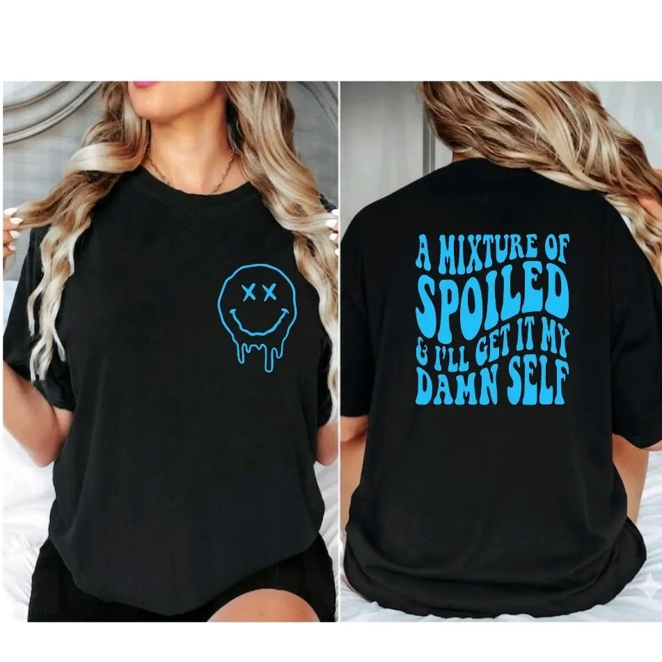 funny shirt I'm a mixture of spoiled and get it myself humor cute retro wavy lettering popular trendy blue and black