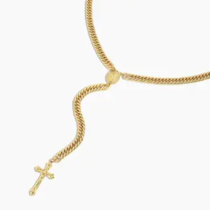 [Tres Colori] Gold Plated Rosary Cuban Chain Necklace 6.5mm Cuban Link Chain Religious Faith Necklace for Women & Men Statement Chain Jewelry Daily Wear Fashion Gift