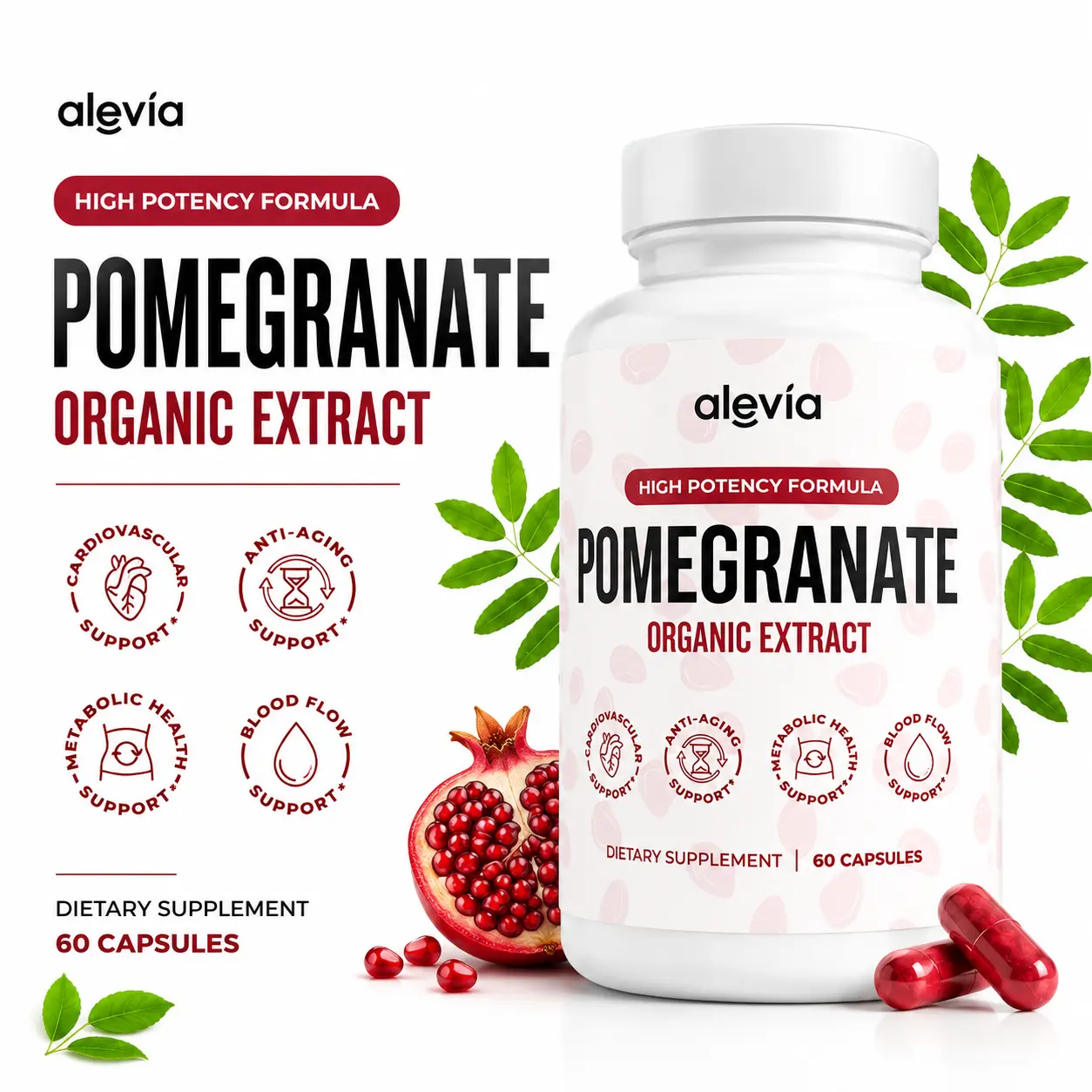 1-3 Pack Alevia Pomegranate Capsules, Organic Pomegranate Extract, Antioxidant Fruit Supplement, Daily Nutritional Support, 60 Capsules