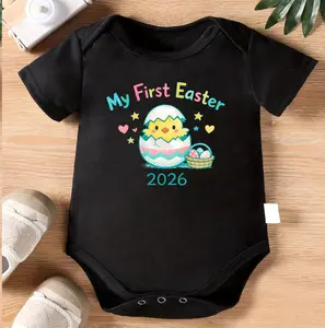 1pc Baby Crawling Suit - Beige Onesie with "My First Easter 2026" Chick Print - Soft Cotton Outfit for Newborns & Toddlers 0-3 Years - Easter Milestone Gift - Machine Washable Infant Wear
