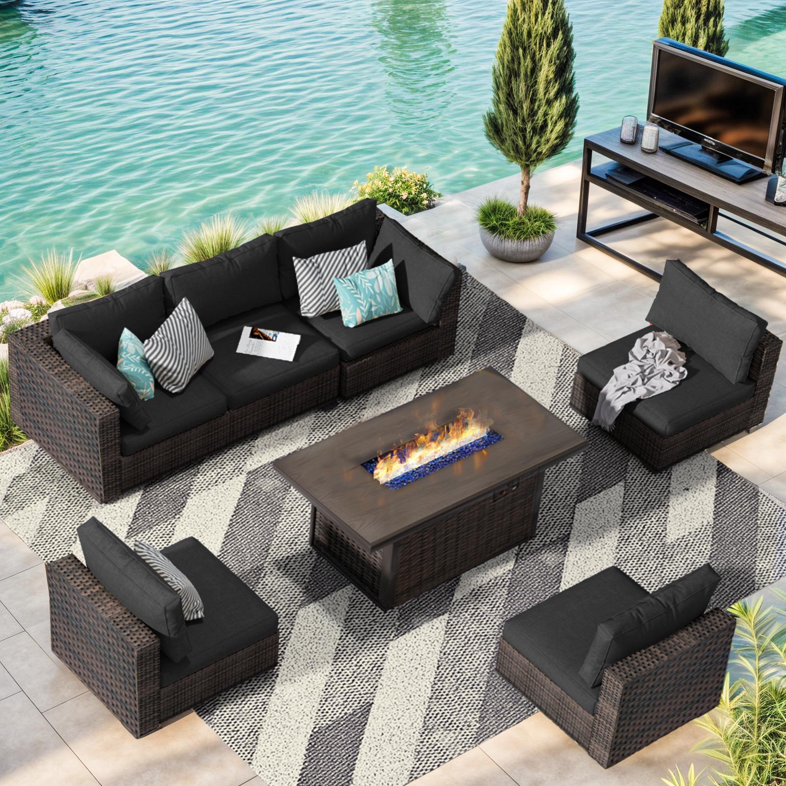 【3 packages shipping】7 Pieces Patio Furniture Set with 44" Fire Pit Table,Outdoor Sectional Sofa PE Rattan Conversation Sets for Garden Lawn Balcony