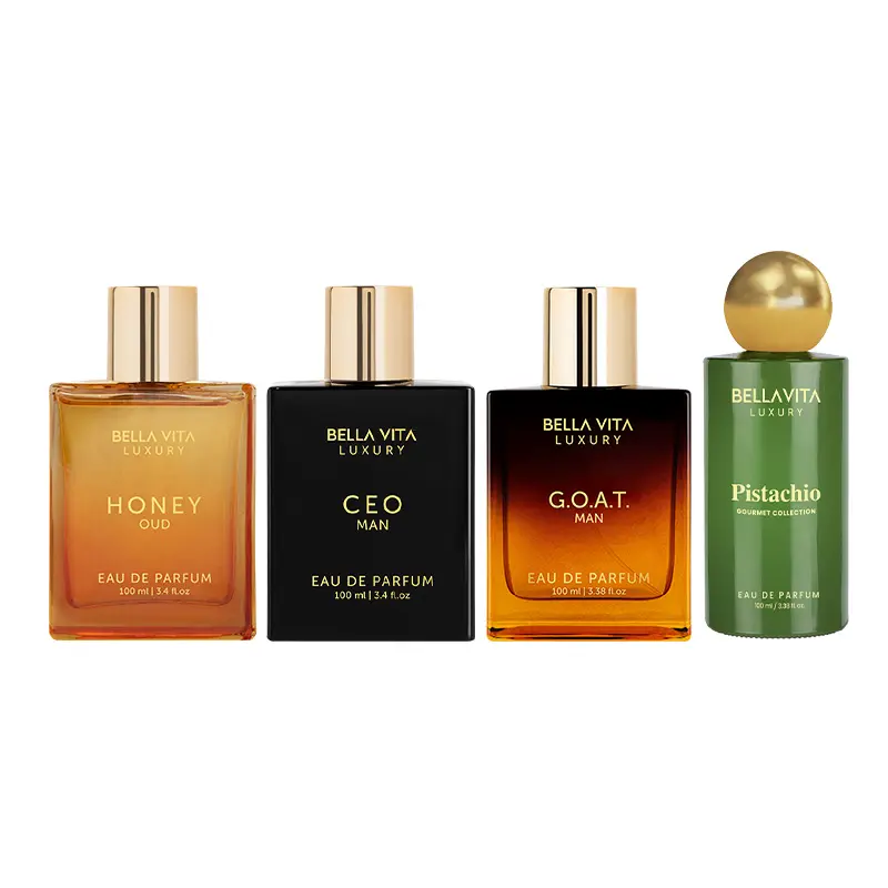Supreme Swagger Set by BellaVita Luxury | 4x100 ml Perfume Set | Honey Oud, G.O.A.T. Man, CEO Man & Pistachio | Luxury Unisex Perfume for Men & Women | Long Lasting, Floral, Fruity, Woody, Spicy & Sweet Notes | Luxury, Vegan & Cruelty Free Eau De Parfum F