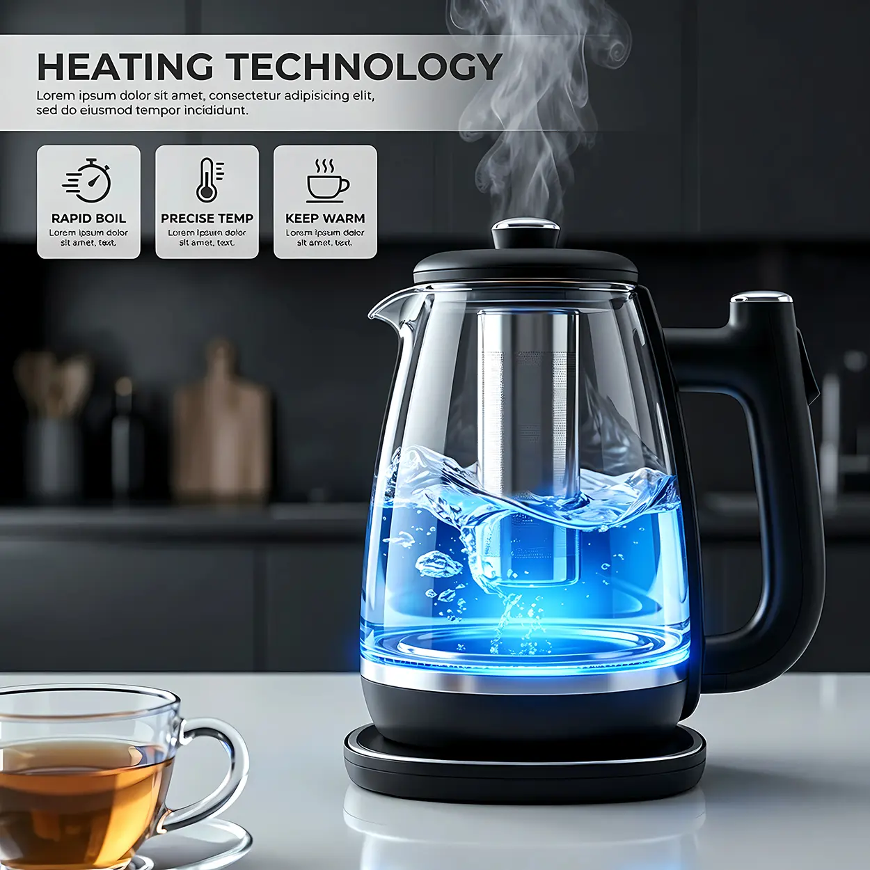1.8L Borosilicate Glass Electric Kettle with US Plug, 120V Rapid Boil Stainless Steel Water Boiler for Families, BPA-Free, Auto Shut-Off, Dry-Boil Safe, Overheat Protection, 360° Swivel Base Cordless for Home Kitchen Coffee Tea