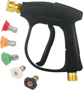 【PLEASE NOTE the SIZE】Cool Short Handheld Water Spray Tool, Classic Black Car Wash Spray Lance, 1/4 inch QuickConnector,with 5 Pressure Washer Nozzle Tips for Pressure Power Washers M22-14mm Male Thread, Compatible with high-pressure washers