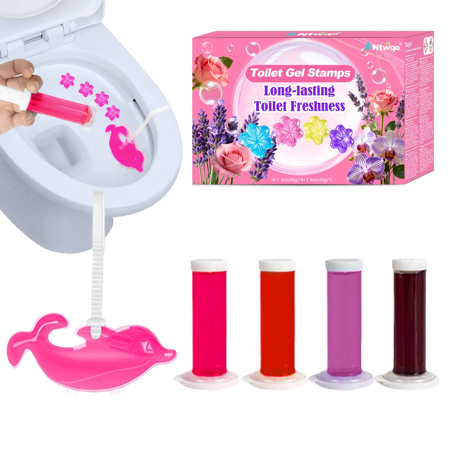 Toilet Gel Stamps: Automatic Cleaning Floral Gel Dolphin Kit | Lasts 48 Uses, 5 Fragrances (Lavender/Rose/Cherry Blossom/Sweet Floral/Paris) | No-Scrub, Strong Stain Removal, Fits All Toilets