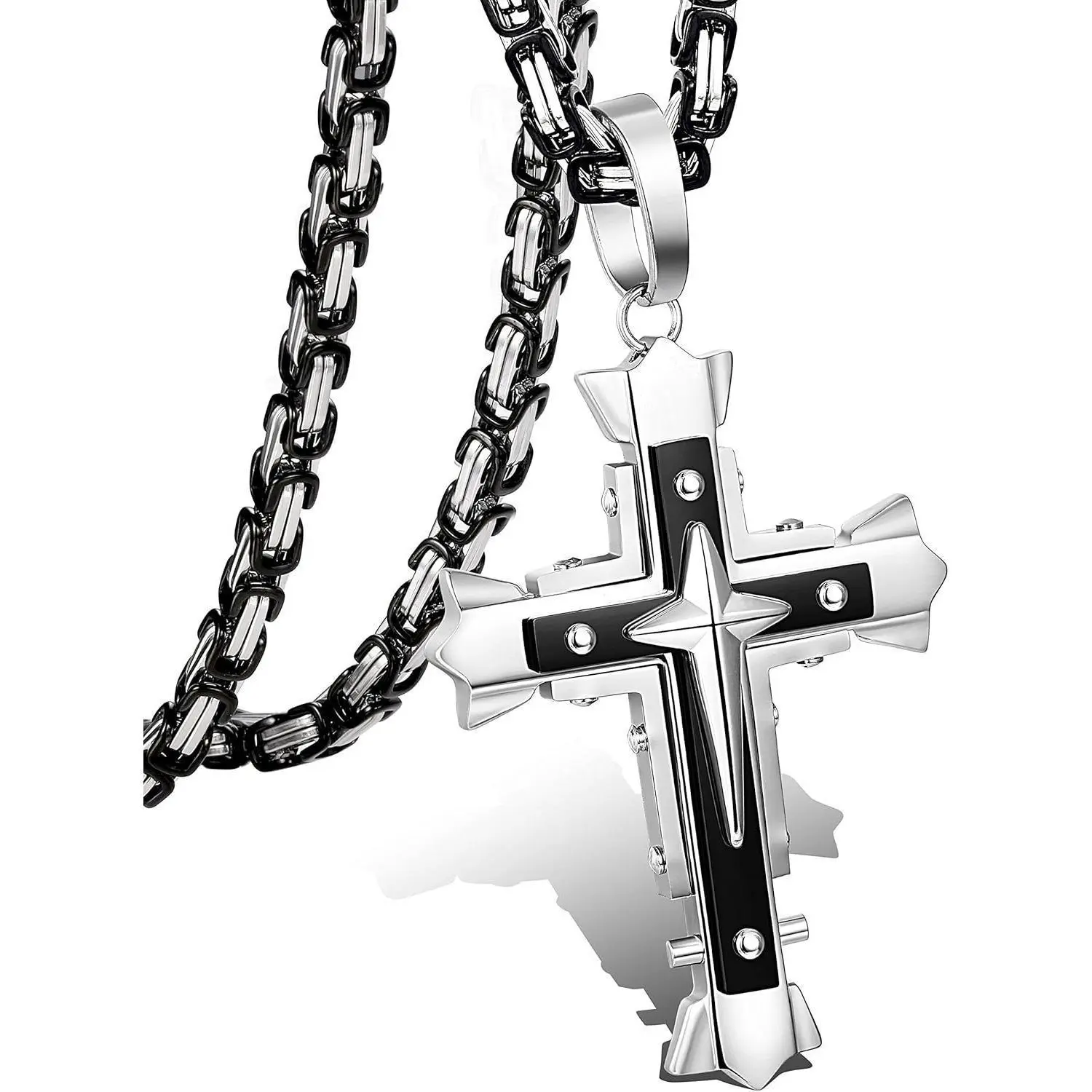 Men's 5mm Stainless Steel Byzantine Chain Cross Pendant Necklace - Adjustable 24-30in Grunge Cross Faith Pendant, Punk Fashion Jewelry Accessories, Daily Wear Stainless Steel Jewelry, Faith Pendant Necklace