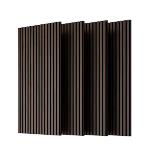 Wood Panels for Wall Slat Wall Panels, 4PC Wood Slat Acoustic Panels for Wall and Ceiling - 3D Fluted Sound Absorbing Panel with Three Sides Fully Wrapped on  Wood Finish -45.27''X23.62''(Dark walnut)