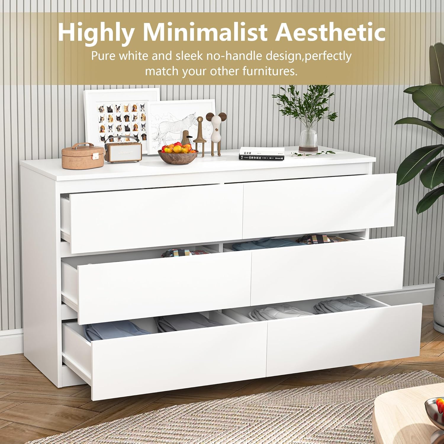 Spaco White Modern 6-Drawer Dresser for Bedroom - Wide Wood Storage Chest with Deep Drawers, Large Bedroom Organizer Furniture for Closet, Tall Dresser with Smooth Gliding Drawers