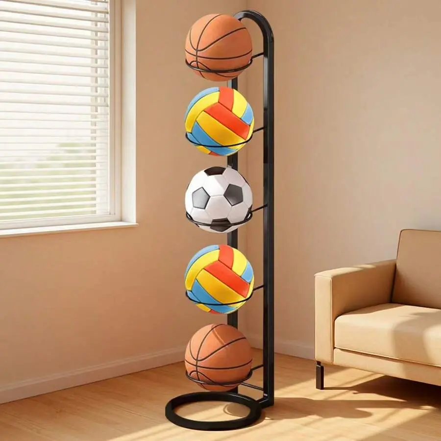 5-Tier Metal Ball Storage Rack, Heavy-Duty Vertical Organizer for Home and Garage, Holds Basketballs, Soccer Balls, and Volleyballs, Coaches, Holds Volleyballs, Basketballs, Soccer Balls