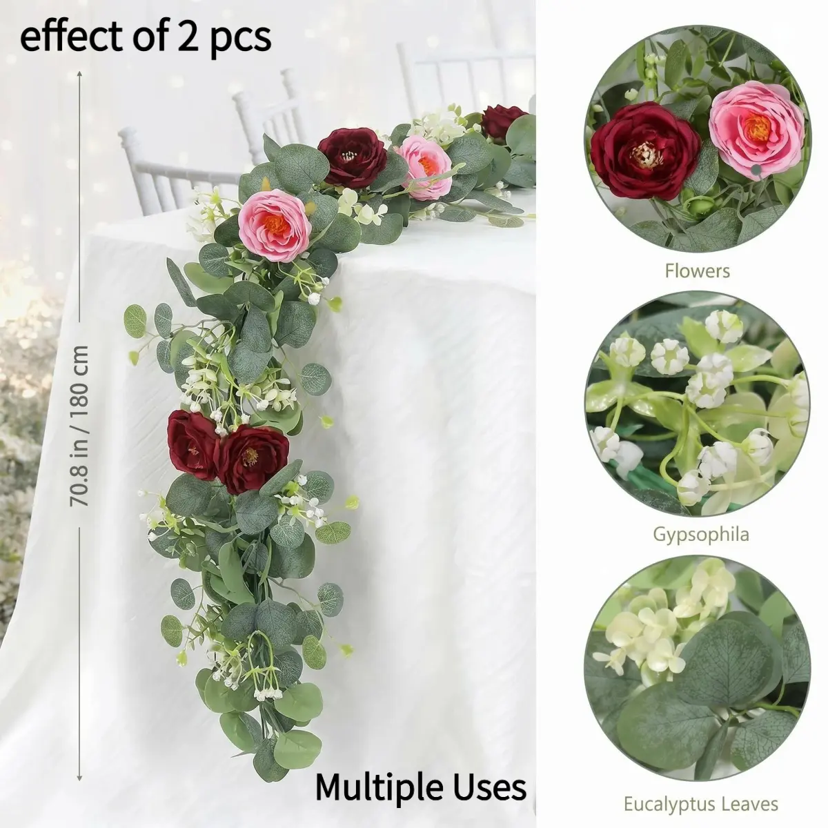 2-Pack 13FT Artificial Eucalyptus & Silk Rose Garland - Red, Pink Blooms, Realistic Rose Look, Shade-Depth Leaves, Layered Rose Detail for Wedding, Anniversary Decoration, Home DIY Projects