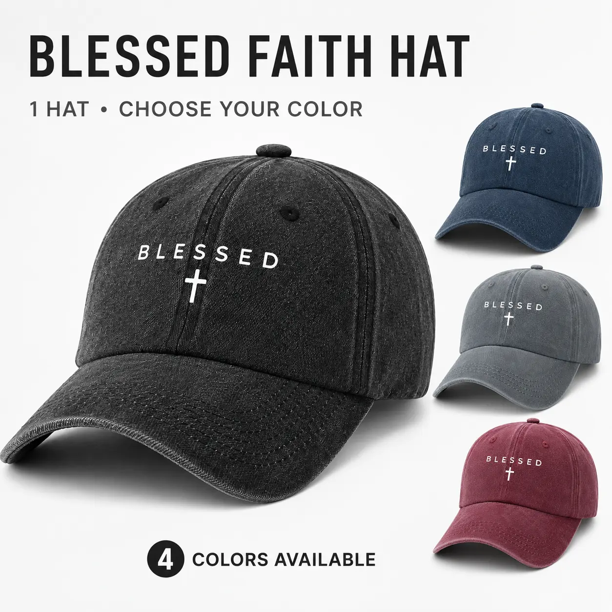 Unisex Vintage Washed Denim Baseball Cap - Christian Faith Dad Hat with Blessed Minimalist Text, Cross Print, 1-Size Adjustable Strap, Plain Design for Everyday Wear, Adjustable Fit Hat, Casual