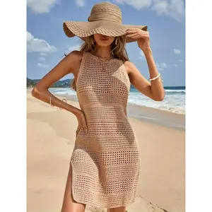 [Summer Beach Cover-Up] Semi-Sheer Beige Summer Essential, Women's Sleeveless Crochet Beach Cover-Up Dress - Casual, Stretchy Polyester Blend, Round Neck, Xshaped Silhouette, Summer Apparel