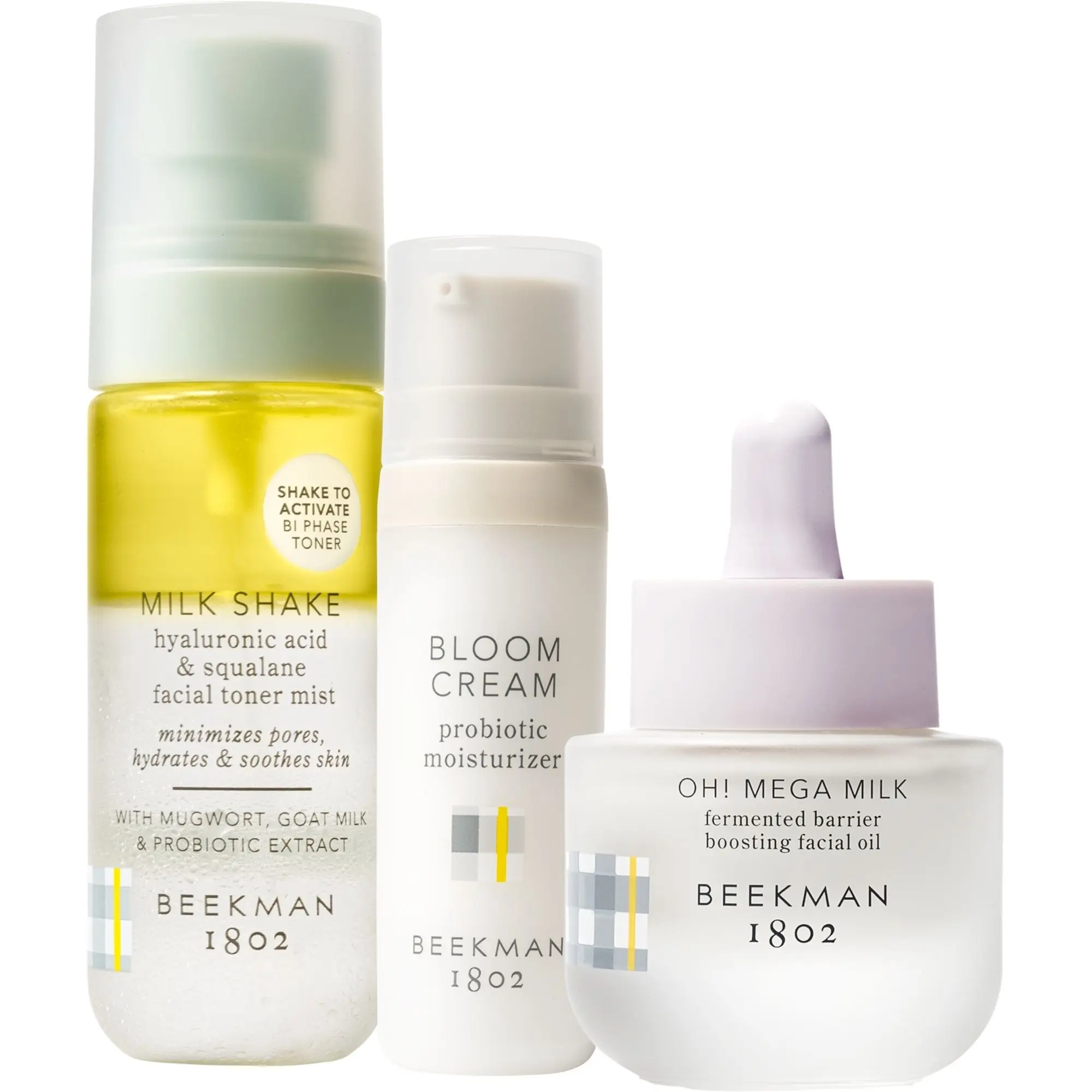 Beekman 1802 Goat Milk Glow Kit - Oh! Mega Milky Fermented Barrier Oil, Bloom Cream Niacinamide Daily Moisturizer, Milk Shake Hyaluronic Acid Facial Toner Mist for Hydrate, Moisture, Brightening, Skin Repair