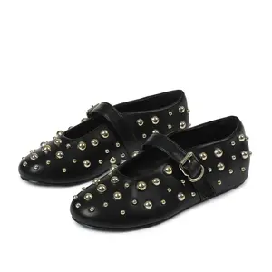 CYNLLIO Ballet Flats for Women Round Toe Studded Flat Adjustable Buckle Strap Ballerina Flats Casual Dressy Mary Janes Dress Shoes