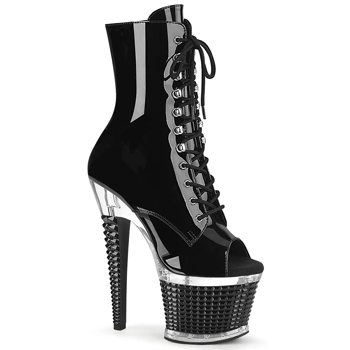 Pleaser Spectator-1021 Women's Lace-Up Statement Shoes - 7" Heel Ankle Boots, Black/Clear Open Toe, 3" Textured Platform Footwear, All Seasons, Evening, Zip