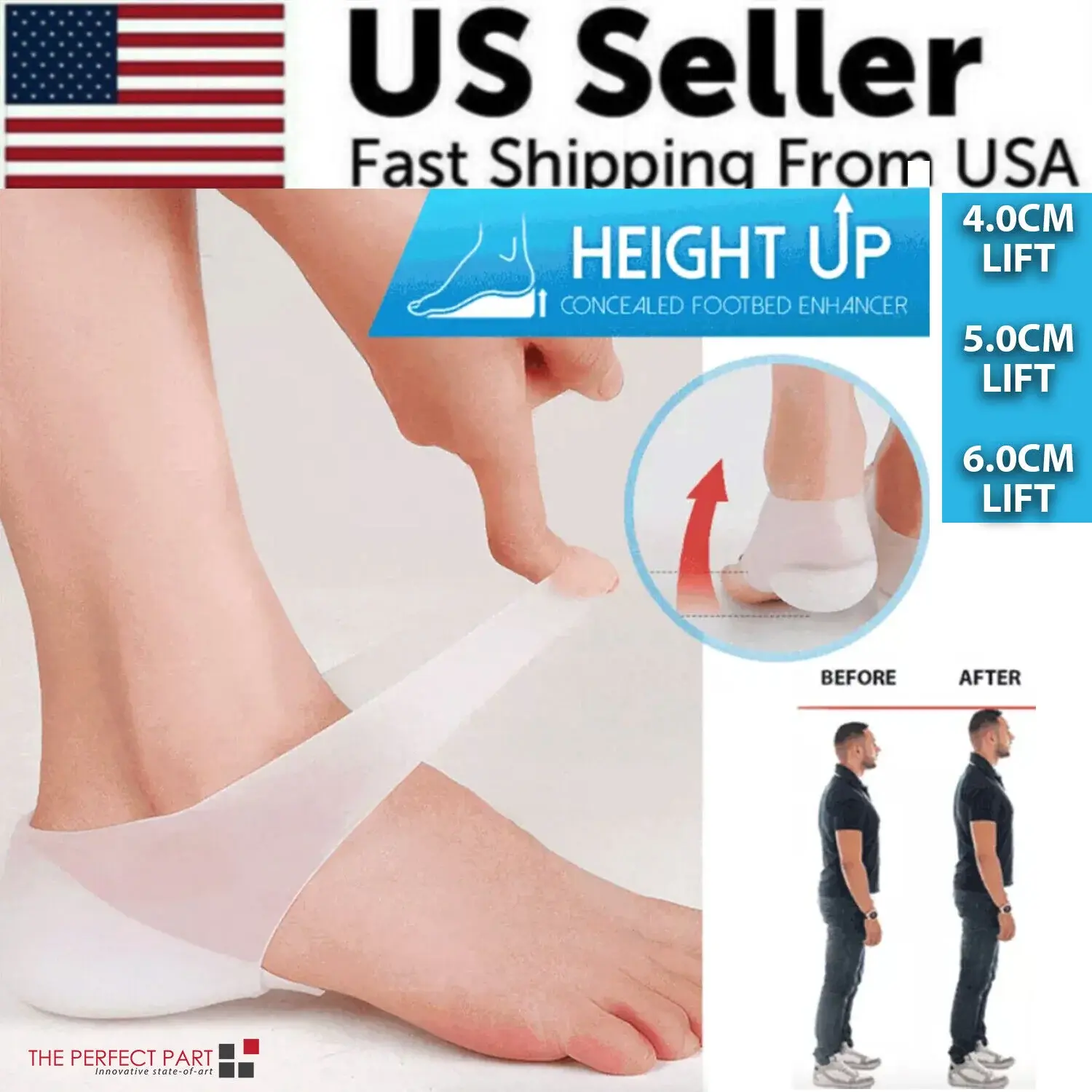 Silicone Concealed Footbed Enhancers, Invisible Height Increase Insoles Pads, USA-Made Height Boosters for Shoes