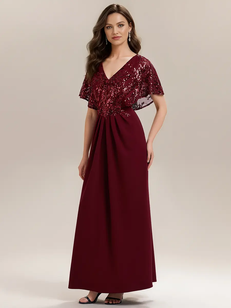 Ever-Pretty 2026 New Sequin Cape Formal Maxi Dress - V-Neck, Flowy Silhouette for Wedding Guest & Evening Events ,black tie wedding guest dress,beaded dress,02656, Formal Wear, Sparkly, Shortsleeve, Glitter, Evening Dress