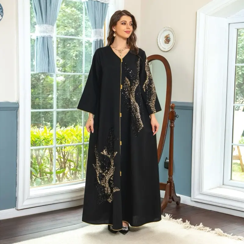 Women's Floral Embellished Open Front Abaya - Soft Lightweight Sequin Arab Robe, Elegant Islamic Clothing for Ramadan, Eid, Abayas for Eid, Islamic Modesty Clothes, Open Front Abayas, Casual, Cotton, Half Sleeve, Modest Fashion, Muslim Arabic Abaya, Shimm