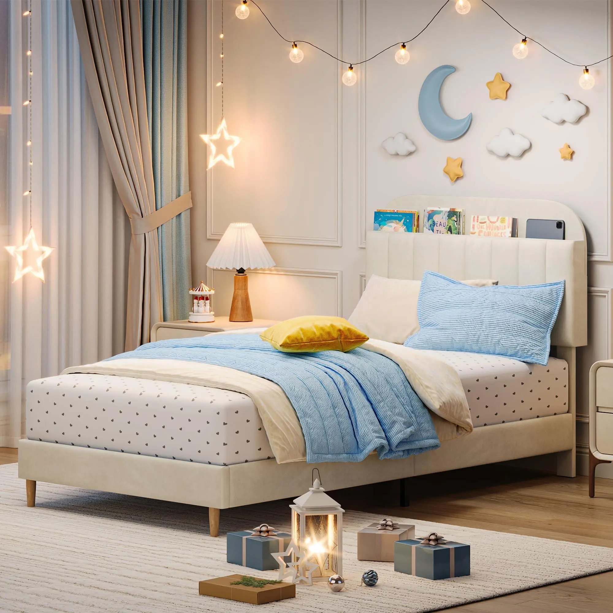 Twin Bed Frame with Bookcase Headboard, Upholstered Platform, Kids Bed Frame Twin Size Bed with Wooden Slats Support for Boys, Girls, Teens, No Box Spring Needed,Beige