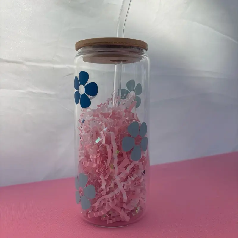 Blue Retro Flower Glass Cup