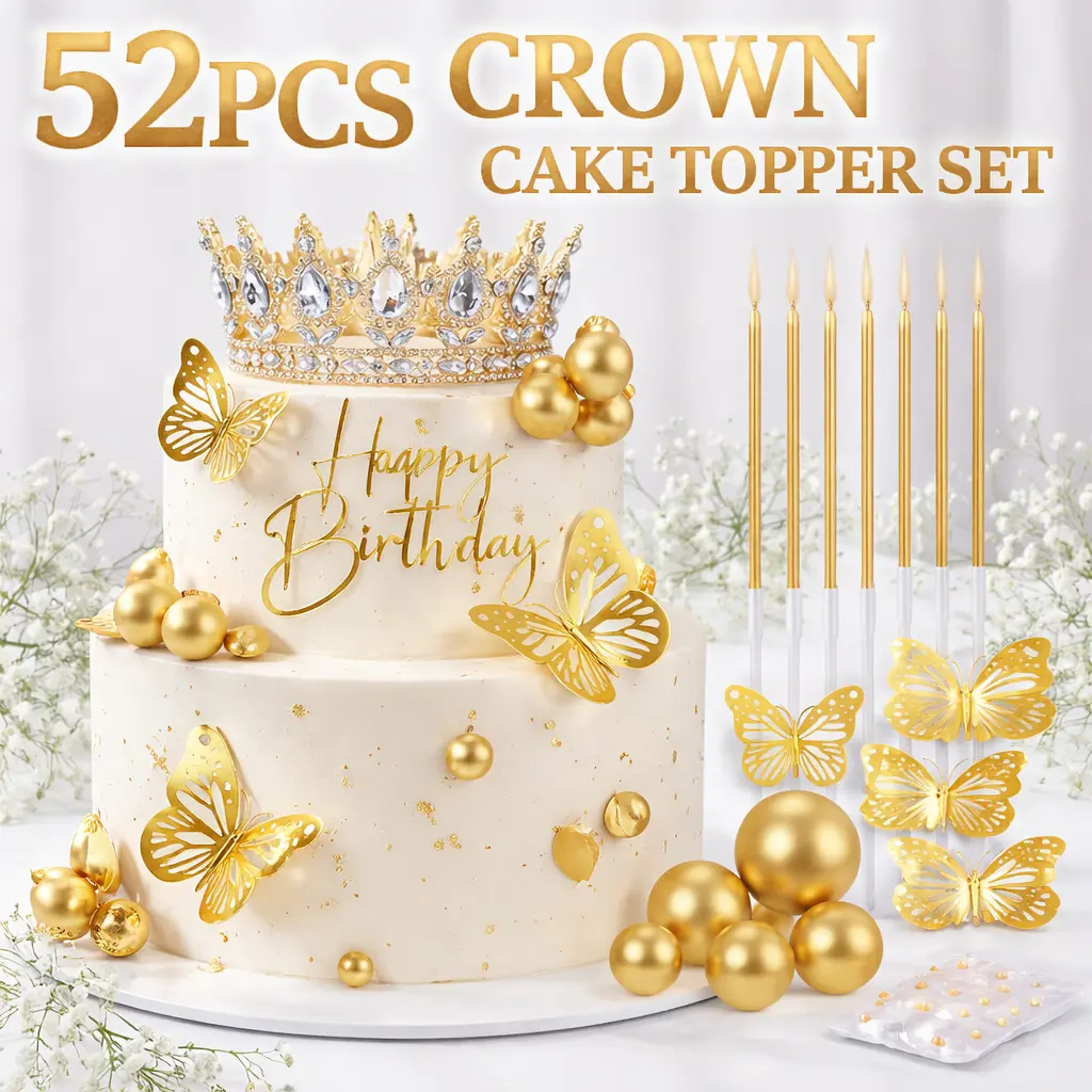 Gold Glitter Wearable Crown Birthday Cake Topper Set - Kitchen Bakeware Decorating Tool with Butterflies, Pearl Balls, Metallic Plastic Candles, Wall Accessory for Women's Birthday Events, Includes Accessories