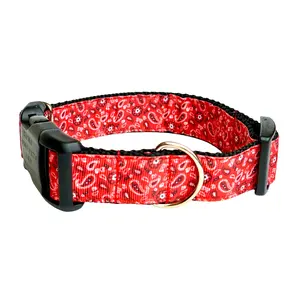 Red Bandana Dog Collar - Red Fabric with Pattern, Adjustable Black Strap, Metal Clip, Suitable for Active Dogs