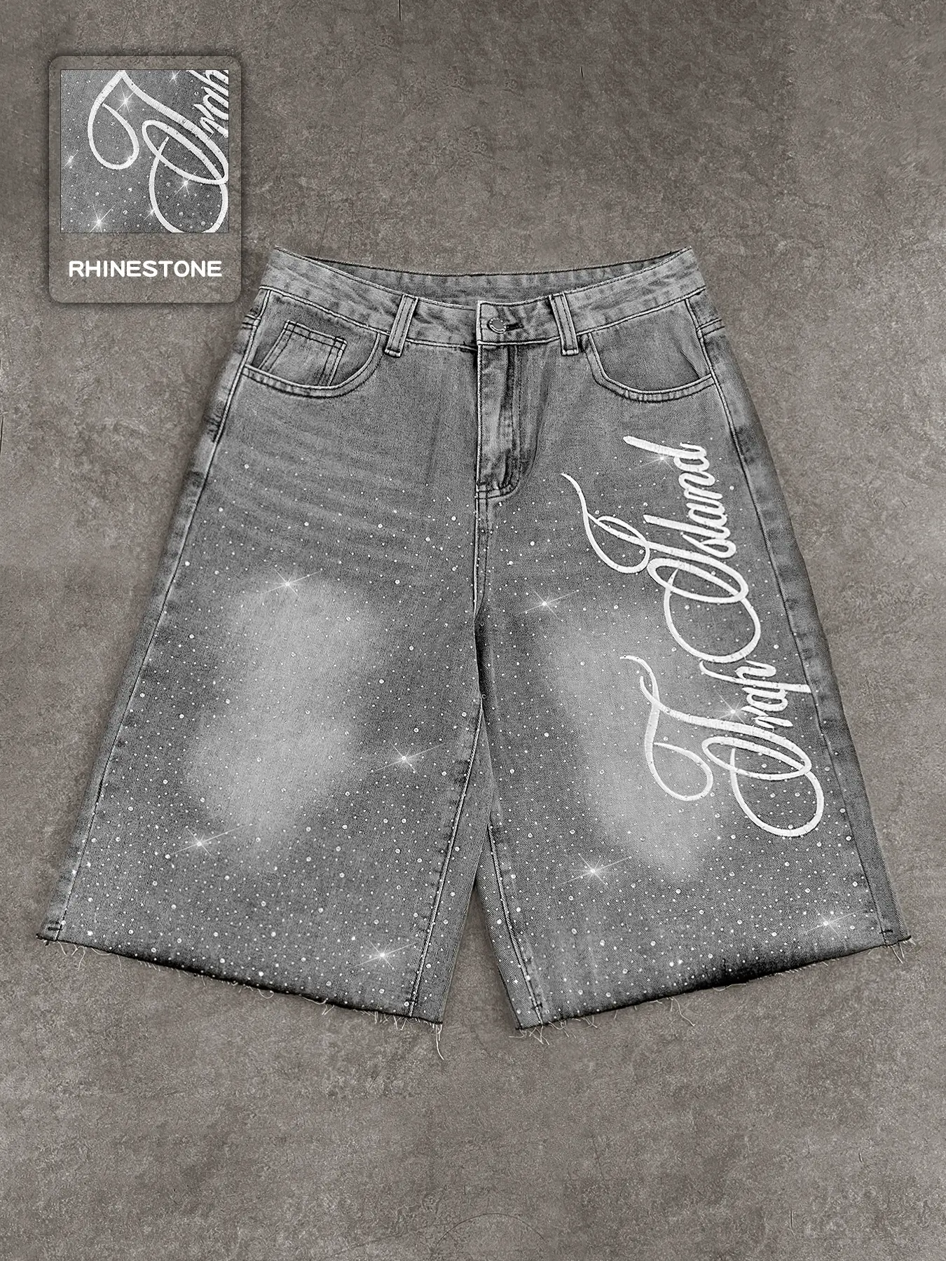 Studded Embroidered Casual Baggy Jeans, Letter Embroidery Shorts, American Street Style, Fashion Daily Wear Denim, High Waist, Button Fly, All Seasons