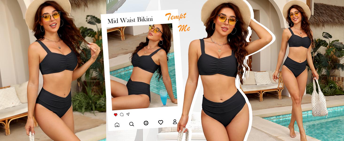 ANRABESS Bathing Suit for Women Tummy Control Bikini Set 2026 Beach Front Ruched Mid Waist Swimsuit with Adjustable Straps SpringStatements ANRABESS Bathing Suit for Women Tummy Control Bikini Set 2026 Beach Front Ruched Mid Waist Swimsuit with Adjustable Straps SpringStatements