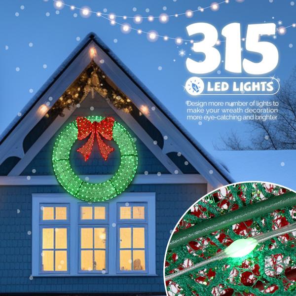 48/60in Pre-Lit Christmas Wreath - 315 LED Outdoor Decor w/Timer Remote, Weather-Resistant Metal Frame & Red Bow (Green/Red) 48/60in Pre-Lit Christmas Wreath - 315 LED Outdoor Decor w/Timer Remote, Weather-Resistant Metal Frame & Red Bow (Green/Red)