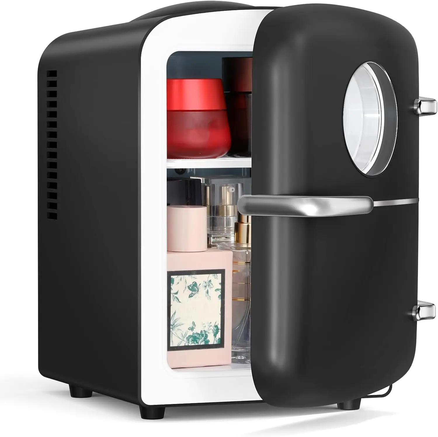 XBEAUTY 4L Energy-Saver Dual-Zone Mini Fridge - 12V Compact Cooling/Warming Appliance with Dual-Temp Control, Round View Window, Removable Shelf, Holds 6 Cans, 32℉ Below Cooling for Skincare, Beverages (Black, Ideal for Bedroom, Dorm Small Spaces)