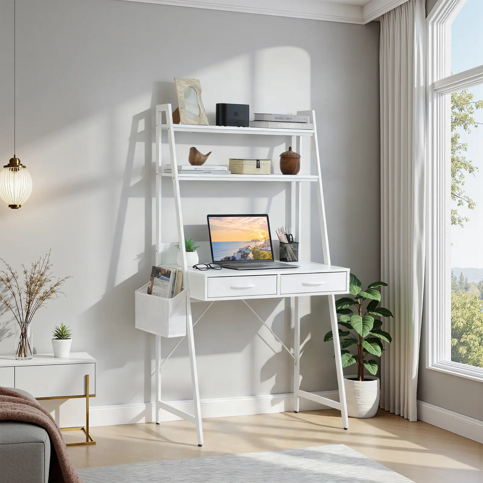 Freestanding Ladder Desks with Power Outlets, Small Home Office Study Reading Desks with 2 Fabric Drawers & Side Bag & LED Light, Modern Vanity & Computer Gaming Desk, Stable Tabletop, Wood Workstation