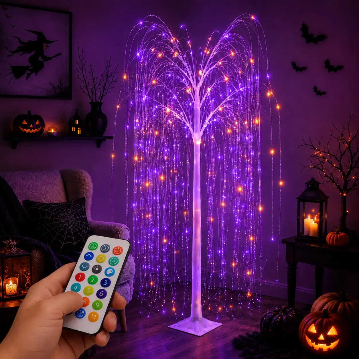 6FT Magical LED Artificial Halloween Willow Tree Lights - 12-Color RGB Strip, Remote Control, Fiber-Optic Branches, Ornaments - Ideal for Room, Home Decor