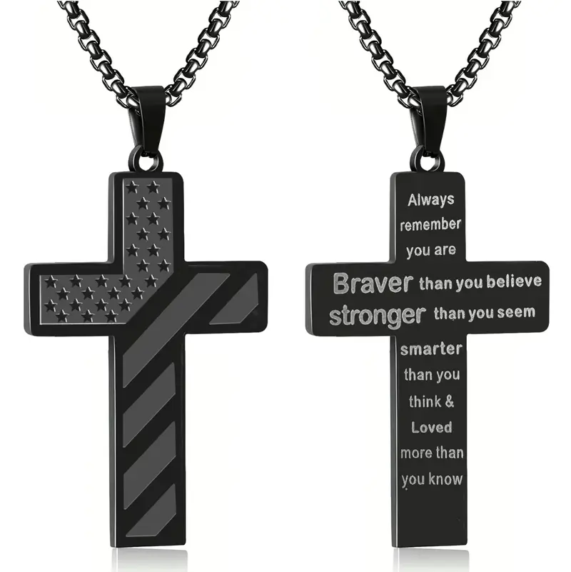 Cross Necklace with Bible Verse &American Flag Pendant-Stainless SteelMen's Jewelry Gift | Faith-Inspired, Bold &Patriotic Chain for Him